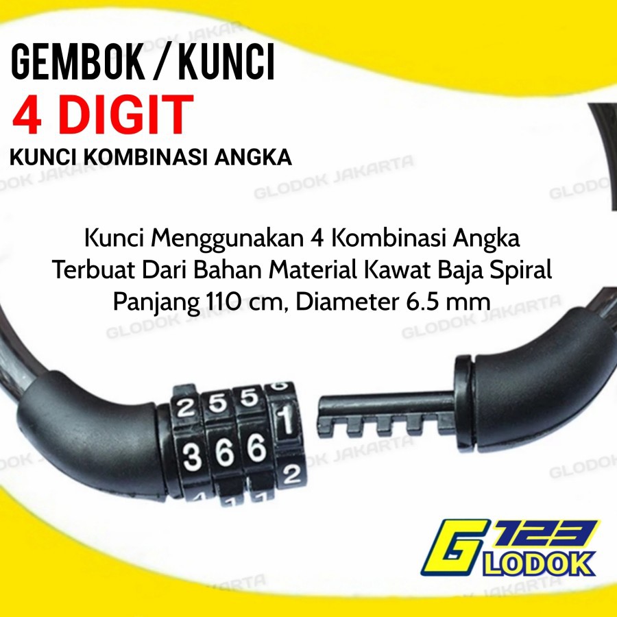 Gembok Pengaman Sepeda Motor Helm Kabel Kode Angka 4 Digit Angka