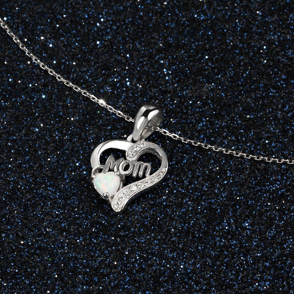 Non-mainstream 925 Sterling Silver Heart Opal Cubic Diamonds Pendants &amp; Necklace For Mom Fashion Silver Jewelry Gift