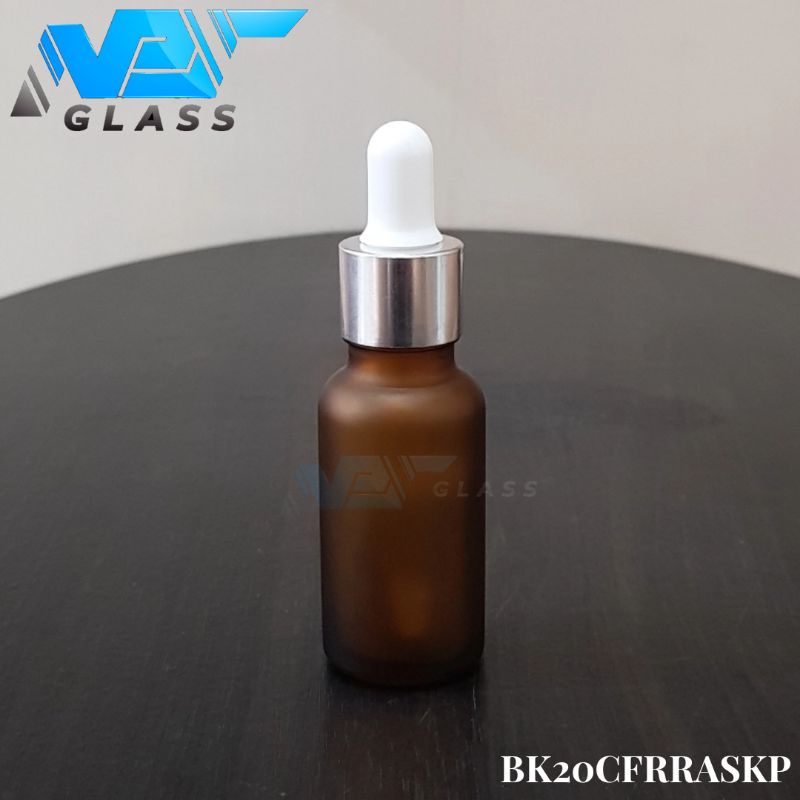 botol pipet kaca 20ml doff frosted coklat amber - ring almunium silver