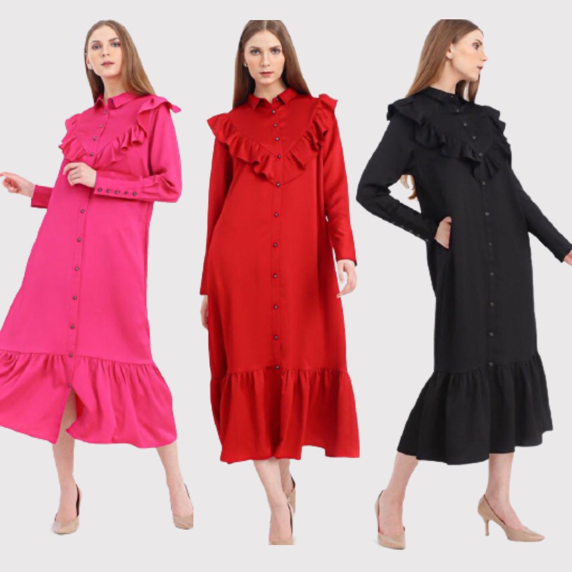 DEFACTO Flounce Maxi Dress Black Red Magenta