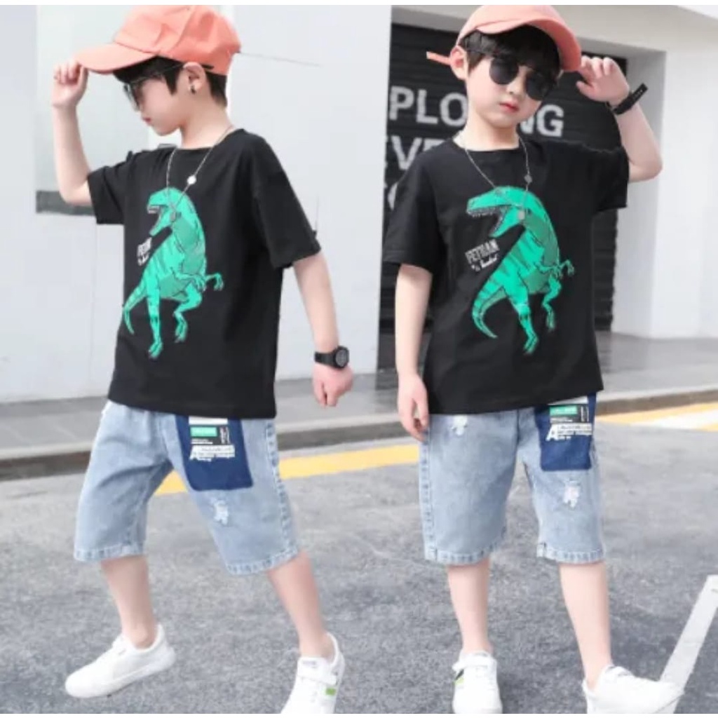 Baju Setelan Dinosaurus Anak Cowok Impor Keren ukuran 3-12tahun