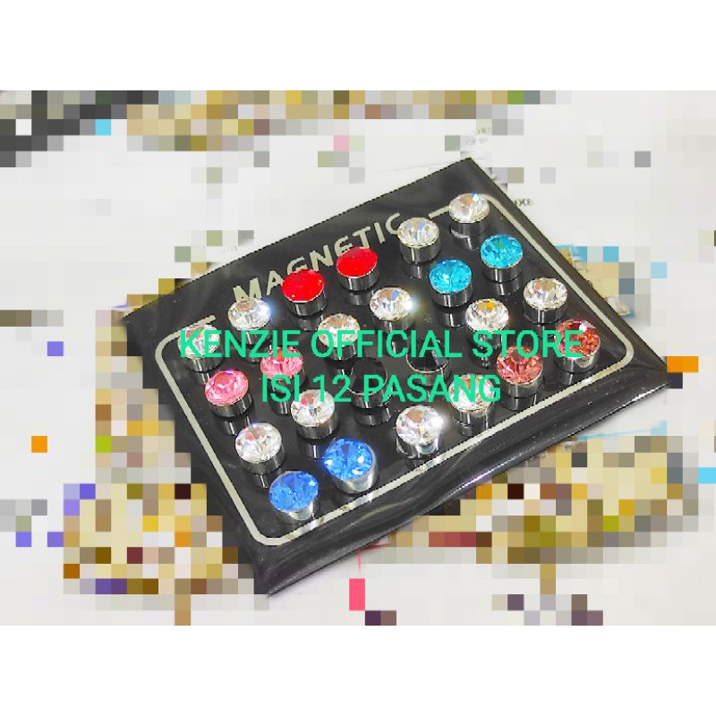 Anting magnet kristal isi 12 pasang mata warna putih dan warna warni