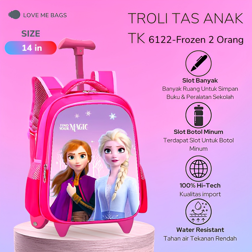 LMB Tas Troli Anak Sekolah Perempuan TK Bahan Nilon Premium Karakter Lucu Bagian Depan Timbul 6D