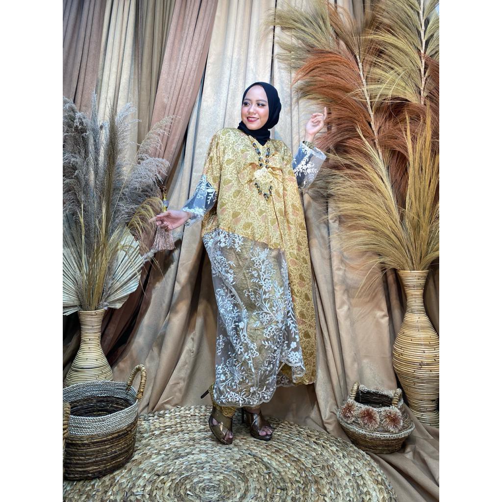 Kaftan Pesta Viscose Silk Brukat + Celana Modeluv