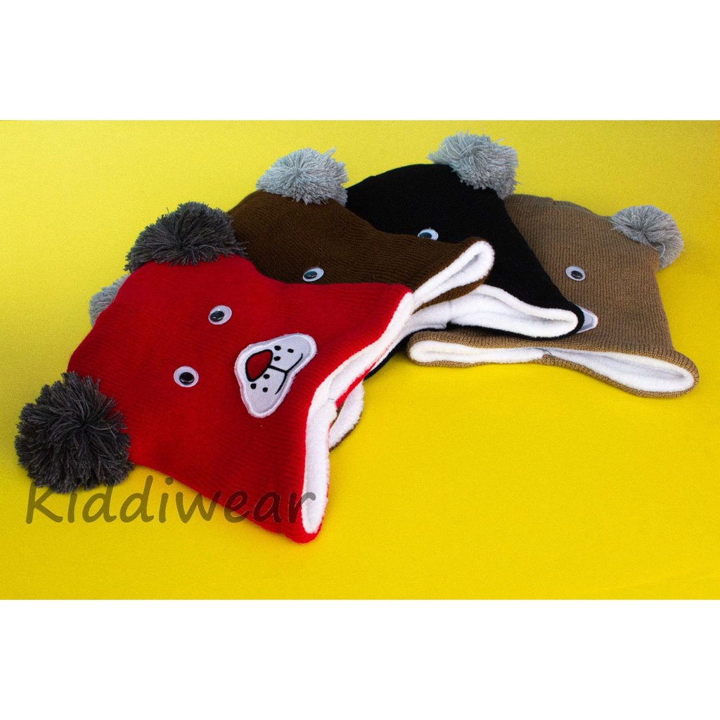 kiddiwear TOPI ANAK TOPI RAJUT POMPOM BORDIR MATA BEST QUALITY TOPI BAYI KUPLUK BEAR TP15