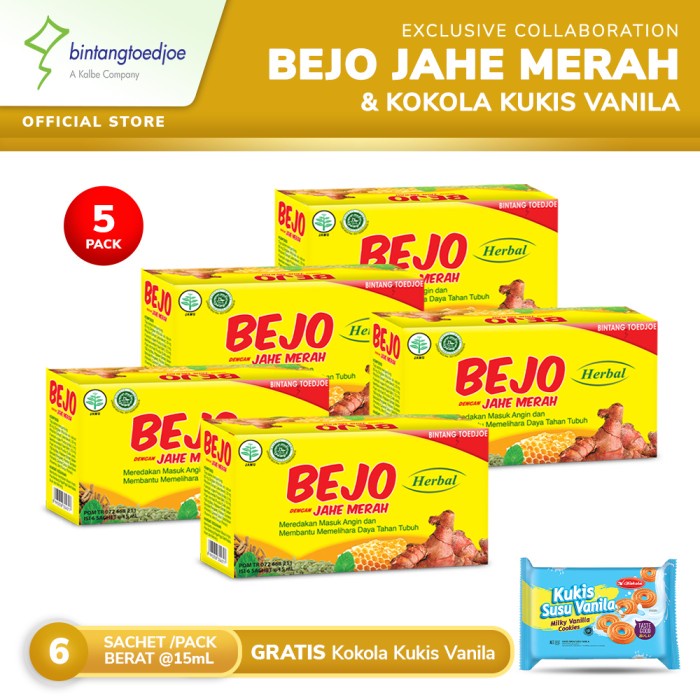 

Bejo Jahe Merah Sachet 5 Pack (30 Sachet) FREE Kokola Kukis Vanila 218 (BERKUALITAS)