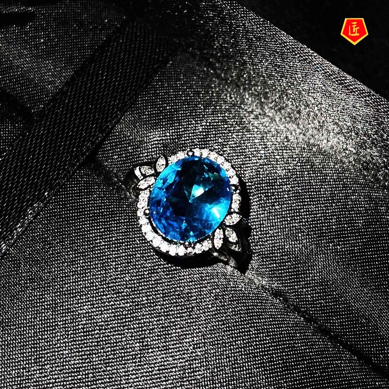 [Ready Stock]Simple Personality Pt950 Inlaid Topaz Blue Colored Gems Ring