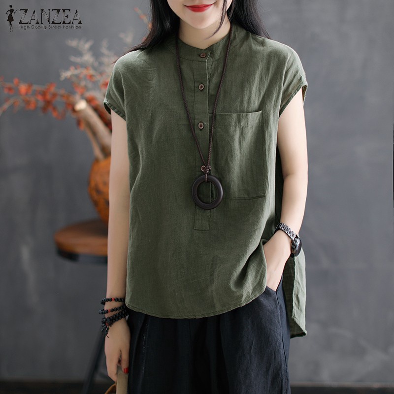 ZANZEA Women Summer Vintage Button Down Collar Plain Tops