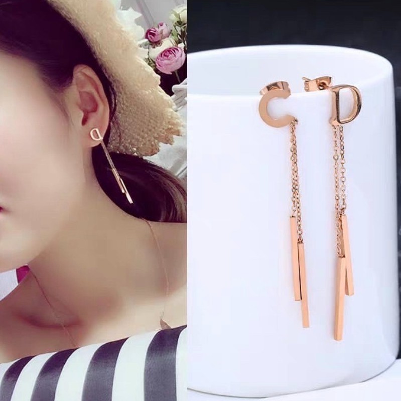 Anting Titanium Rose Gold Asli Wanita Fashion Anti Karat Murah AA014 motif Huruf CD unik