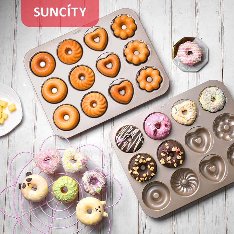 suncity 12 cups 4 shapes doughnut bake pan / cup cake / loyamg donut mini