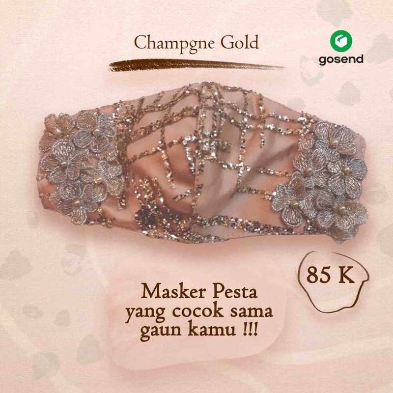 Masker Kain Pesta 3ply | Satin Champagne Brokat Glitter Gold