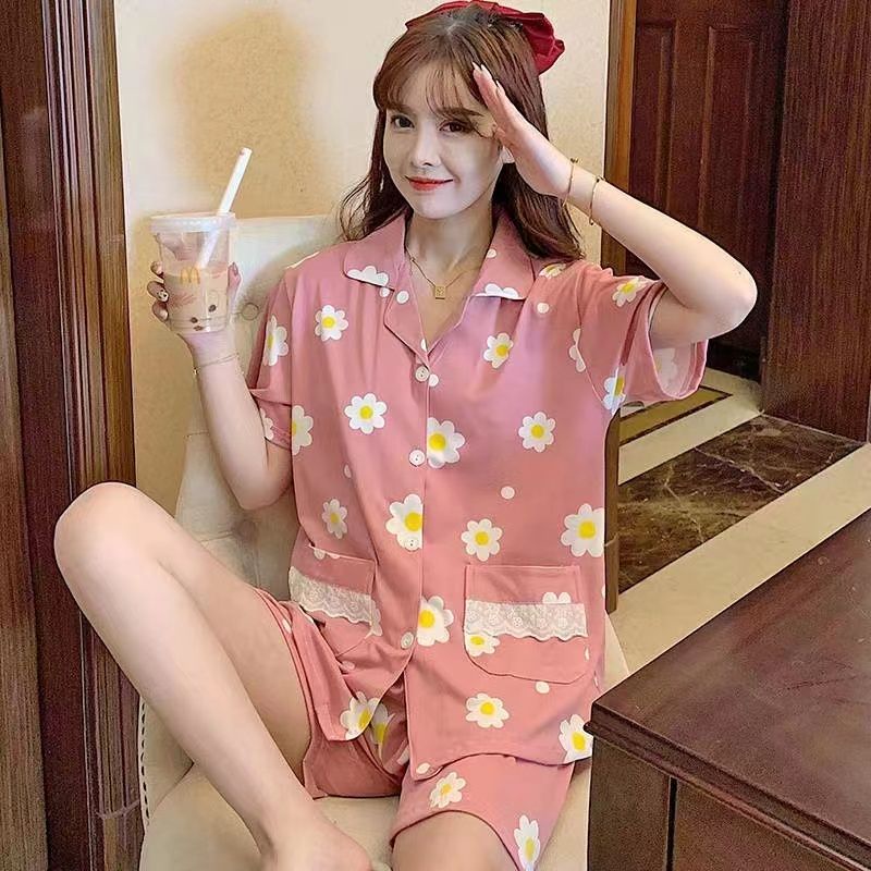 RULIF Baju tidur krah pendek wanita import Homewear/Piyama oneset Katun Kaos The Peach