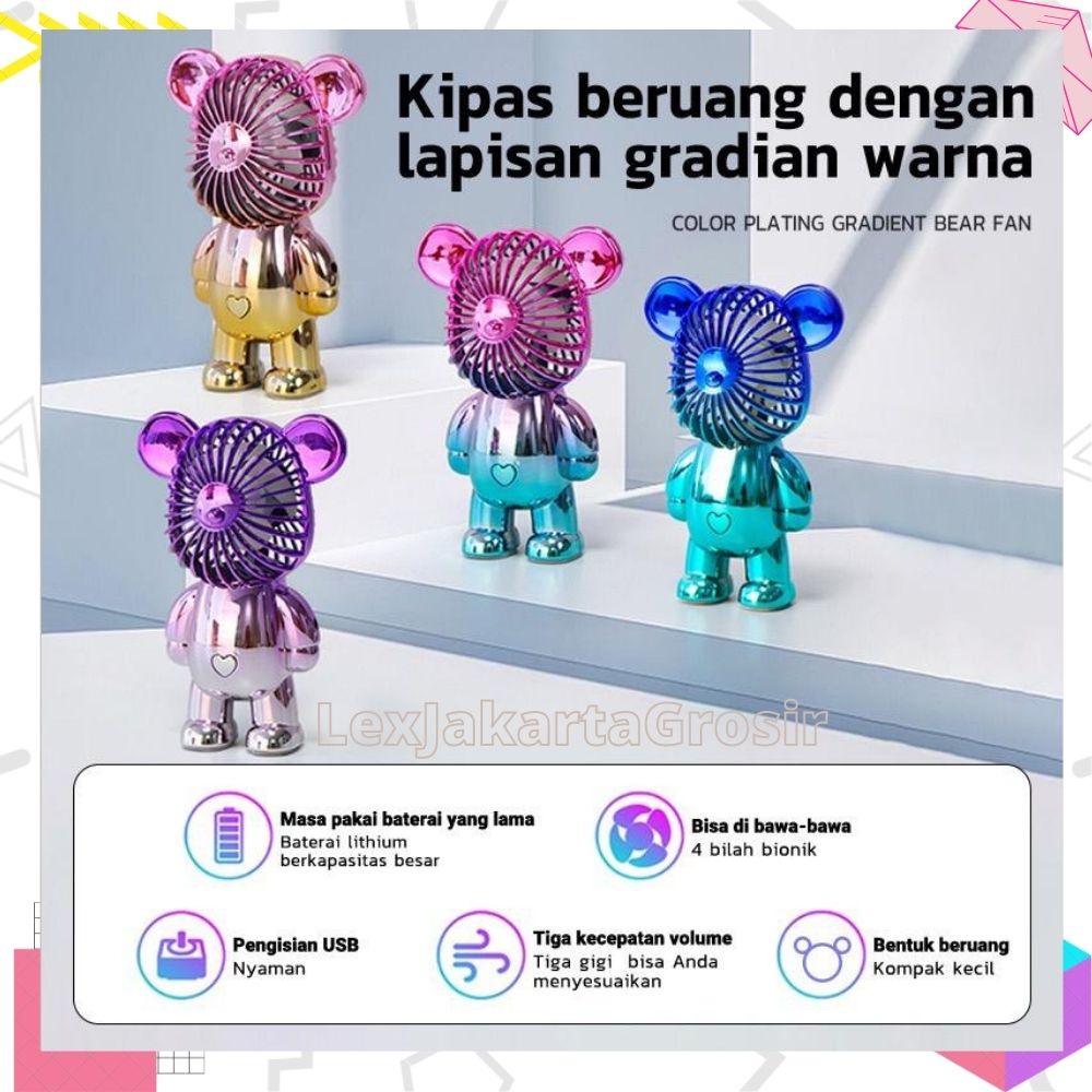 LEXJAKARTA  Kipas Angin Mini Portable / Mini Fan Karakter Beruang USB Cas / Kipas Angin Mini Beruang Alas Anti Slip Bagian