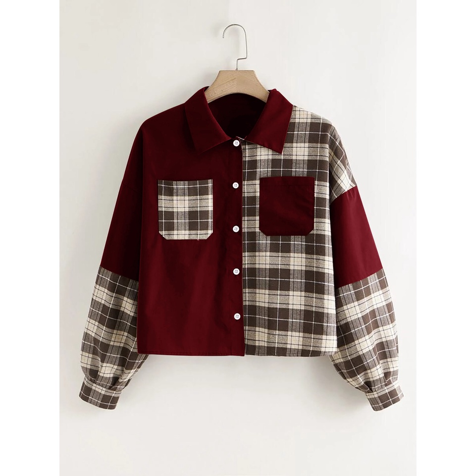 Vallina Audrey Blouse Top Two Tone Shirt Plus Plaid Dual Pocket Button Through Shacket Atasan Muslim Kemeja Wanita Korean Style-5