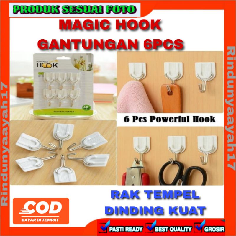 MAGIC HOOK GANTUNGAN 6PCS RAK TEMPEL DINDING KUAT CANTOLAN BAJU