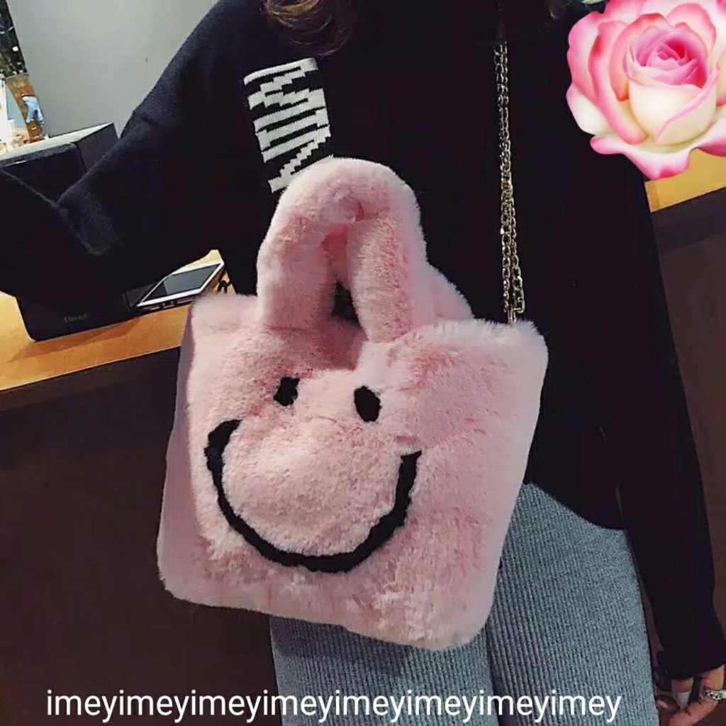 Tote Bag Wanita Bulu Soft Lembut Motif S.M.I.L.E Free Tali Selempang Rantai