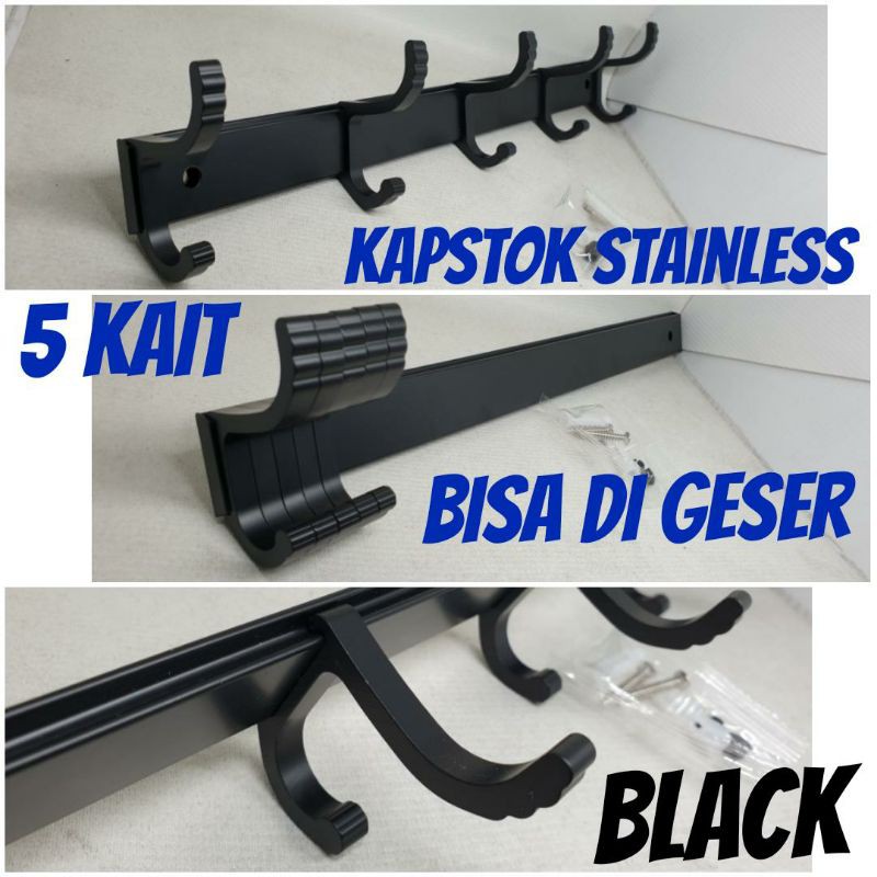 kapstok stainless hitam 5kait model geser PROMO TERMURAH