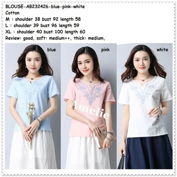 Baju Atasan Bordir Blouse Wanita Korea Import AB232426 Pink Biru Putih