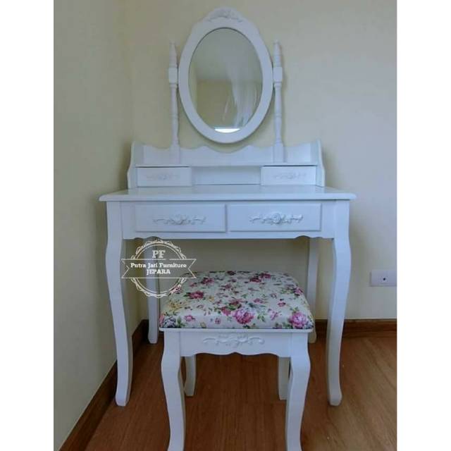 Tolet Meja Rias Jati Warna Putih, Meja Untuk Rias Klasik Kayu Jati Jepara