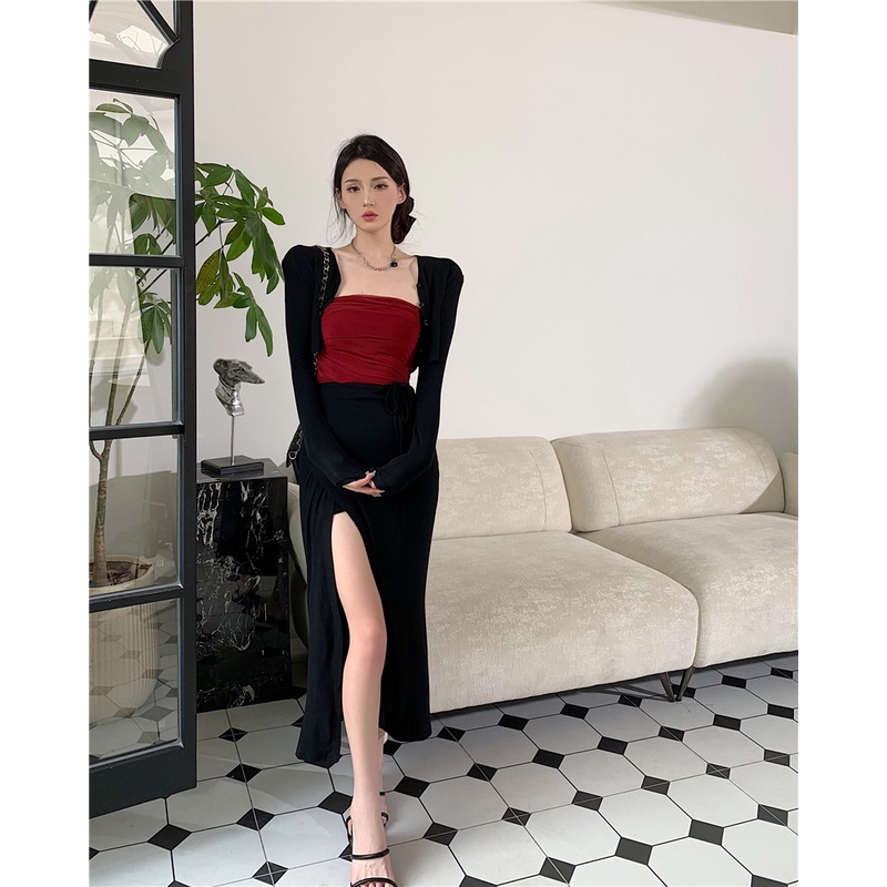 Setelan wanita musim panas pendek lengan panjang kardigan kamisol high-waisted lace-up split skirt fashion tiga potong trendi