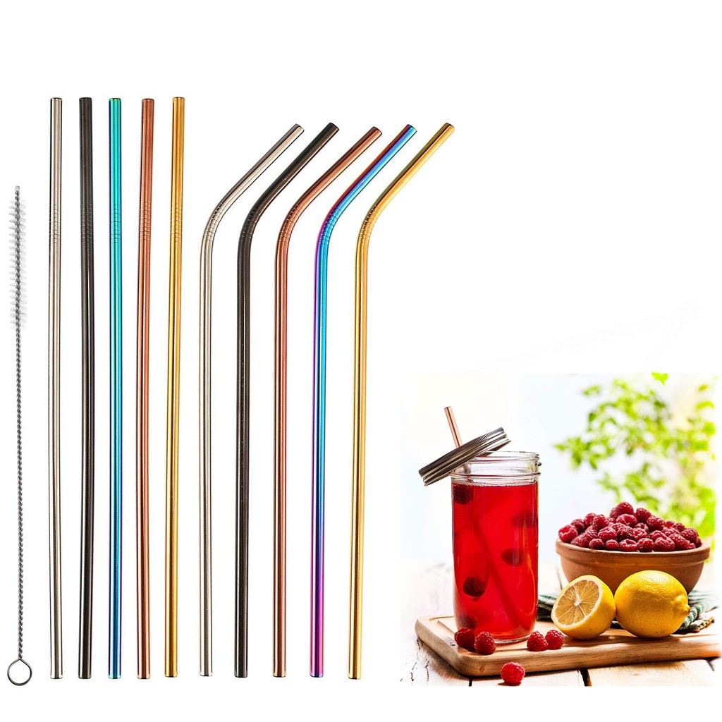 [COD/Bayar di Tempat]Stainless Steel Metal Drinking Straws Straight/Bent Reusable Washable + Brushes