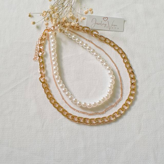 Sewlla necklace / kalung mutiara & rantai 3 layer