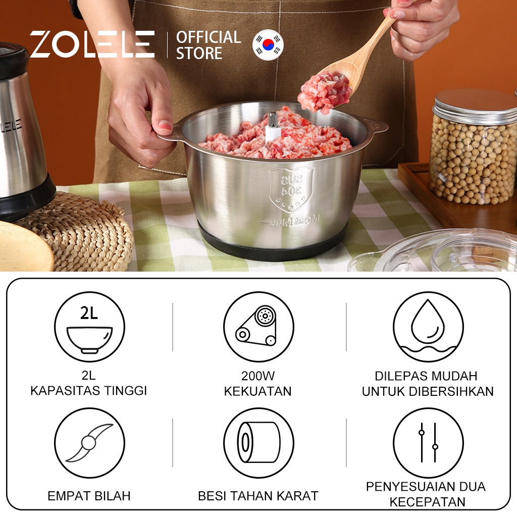 ZOLELE Electric Blender Multifungsi Chopper 2L Alat Pemotong Sayuran Daging 4 in1 Stainless Mesin Penggiling Listrik Kebisingan Rendah Pengaduk Food Vegetable Onion Slicer Penggiling Cabe Cutter Fruit Slicer Grater Processor ZD002