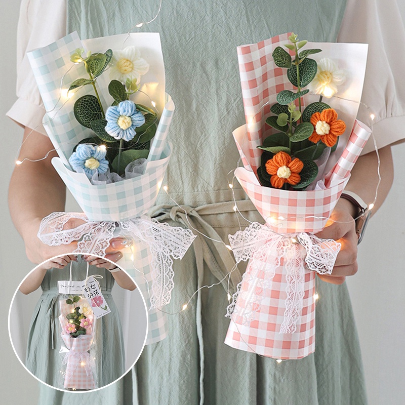 Hand-knitted Crochet Flower Bouquet Artificial Flower Gift Bag Led Light String Set Kreatif Kerajinan Tangan Hadiah Dekorasi Rumah