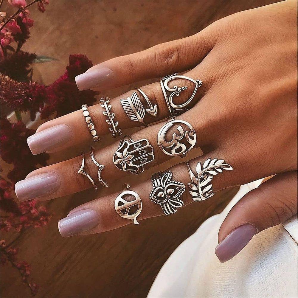 R-flower 15Pcs/Set Cincin Set New Vintage Gemstone Rock Boho Gothic Aksesoris Tangan