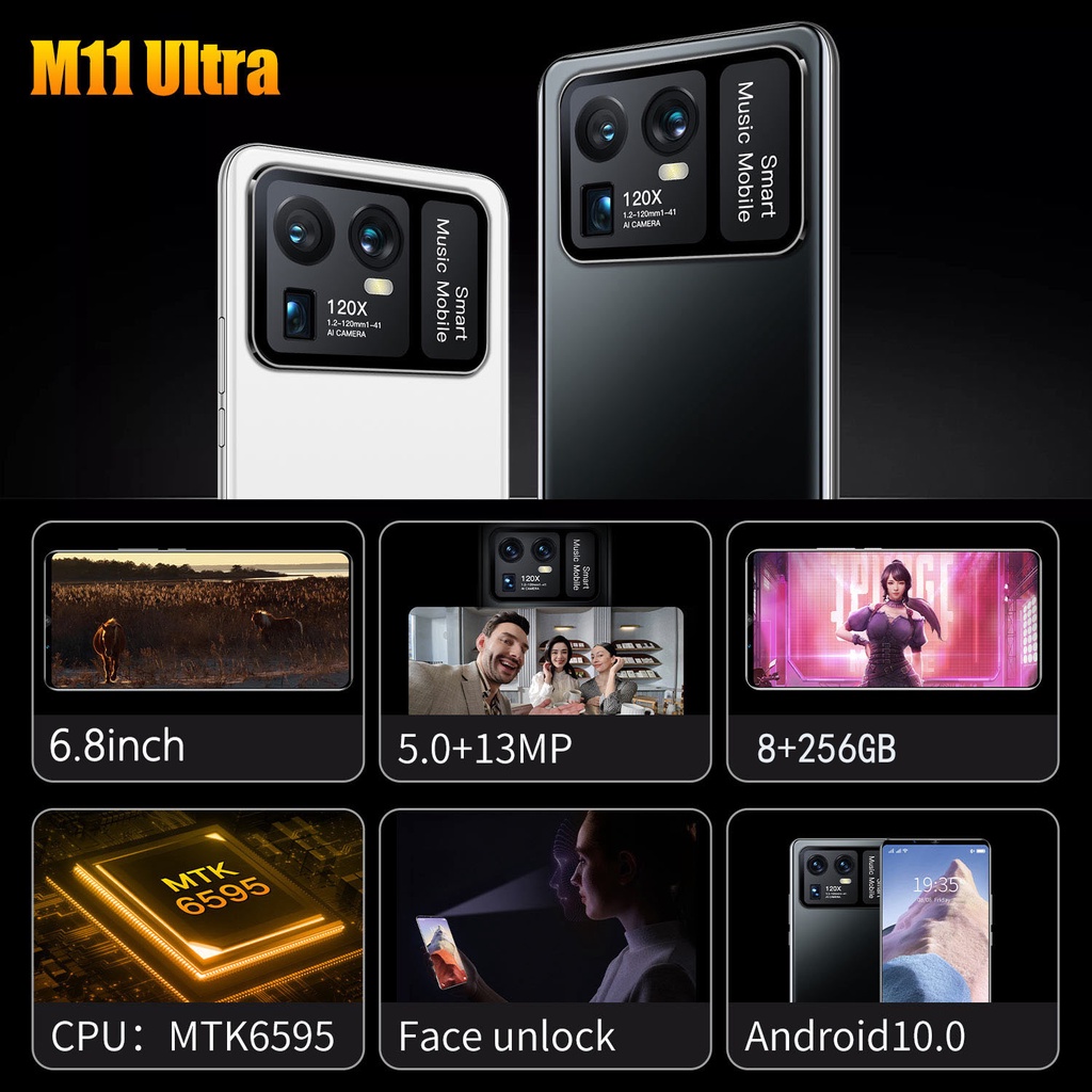 Baru Asli M11 Ultra Smartphone 8 GB + 256 GB Android 10.0 sistem Dual SIM  Handphone 5G Layar HD 6,8 inci Ponsel Gaming Legendaris