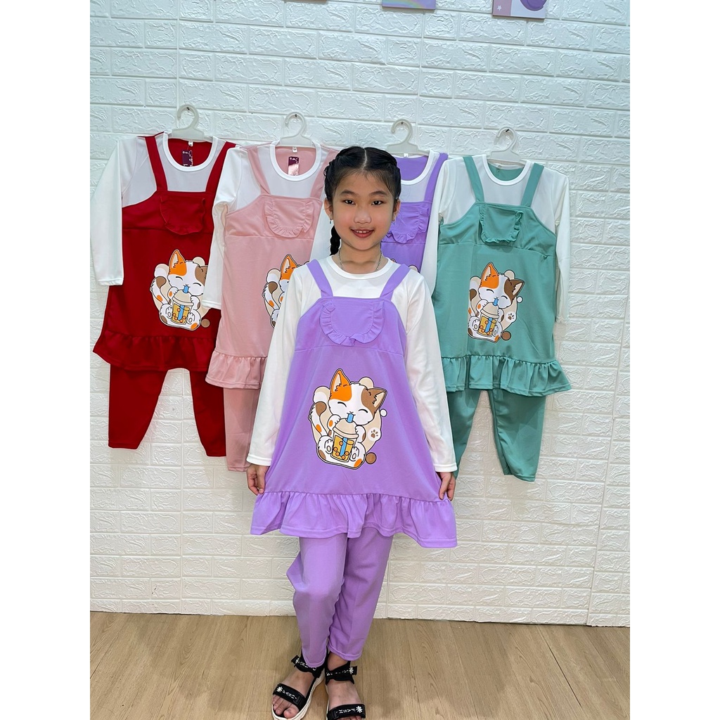 Setelan baju + celana anak perempuan model overall motif cat & milk tea bahan voxy premium merk lieb