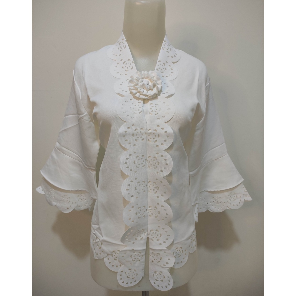 Atasan Kebaya Encim Modern Aneka Warna Broken White | Putih Cerah | Hitam | Kuning | Maroon|Abu|Coklat / Kebaya Wisuda Mewah / Kebaya Akad Nikah Kekinian / Kebaya Moderen Kondangan Jumbo Aldora-Putih Tulang