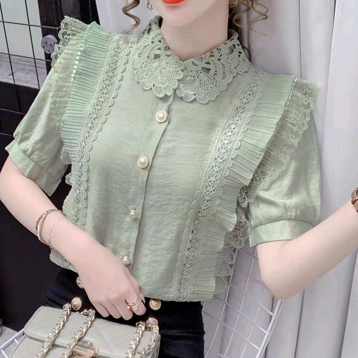 7992 Baju atasan kemeja blouse lengan pendek hitam putih kerah ruffle Korean style wanita import baj