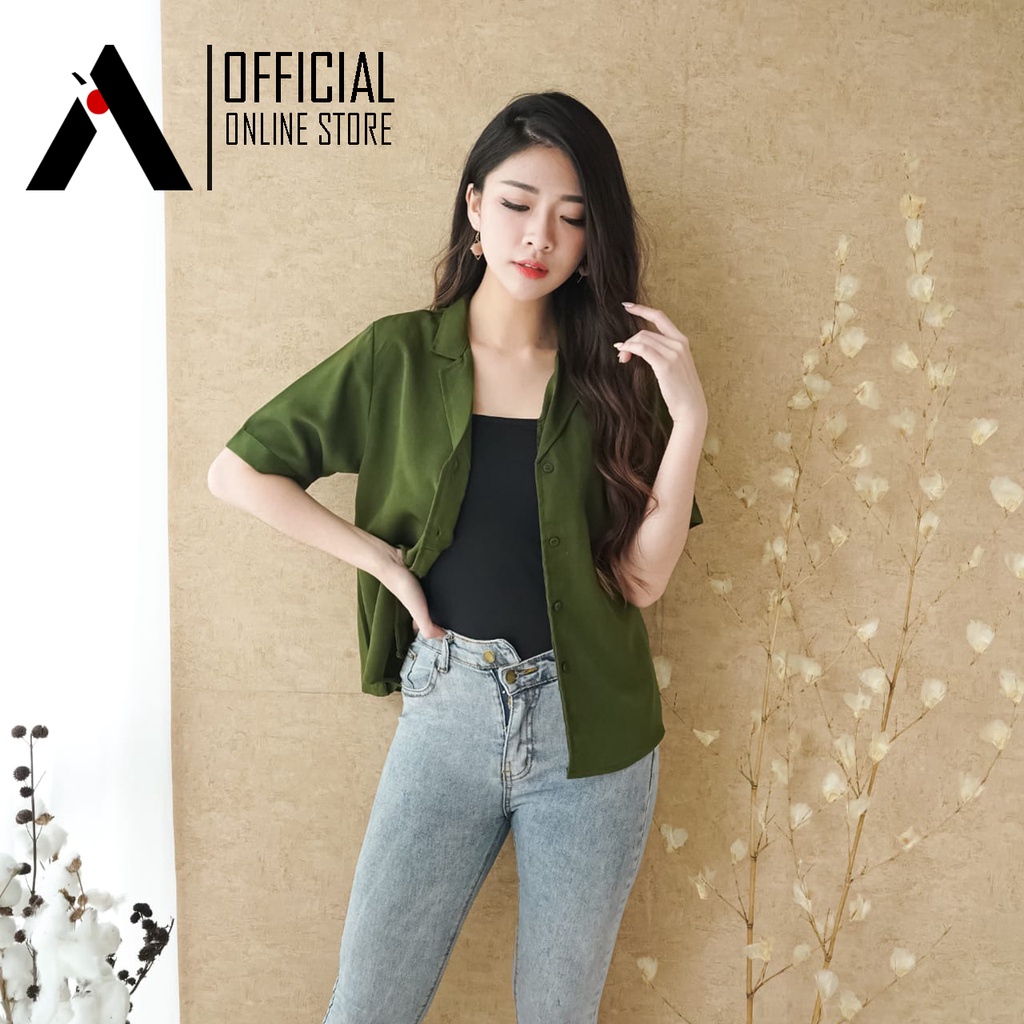 KEMEJA WANITA LENGAN PENDEK BASIC POLOS FASHION KULIAH&SANTAI TERBARU-2