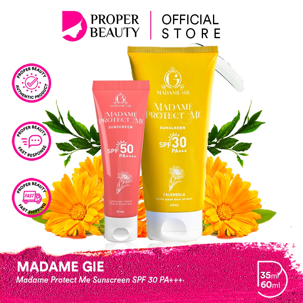 MADAME GIE Madame Protect Me Sunscreen Indonesia / SPF 30 50 PA+++ Primer BB Foundation Loose Powder Lipstick Eyeshadow Blush On Eyeliner Eyebrow Mascara Lipstick Lip Matte Gloss Balm Kutek / Facial Wash Toner Essence Serum Cream Mask Masker Lipill Paket