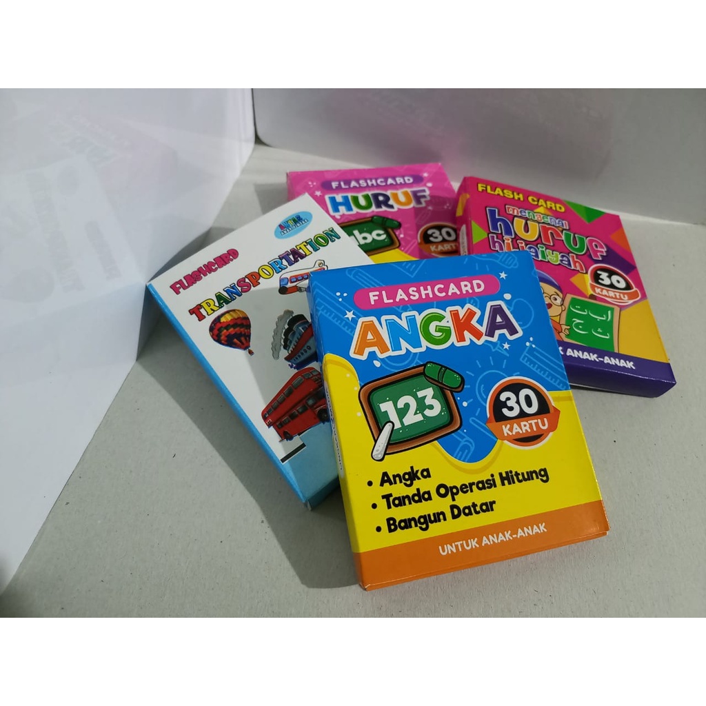 PAKET FLASHCARD ISI 4 (Flash Card Huruf,  Angka, Transportasi, Sayur  Buah / Hijaiyah)