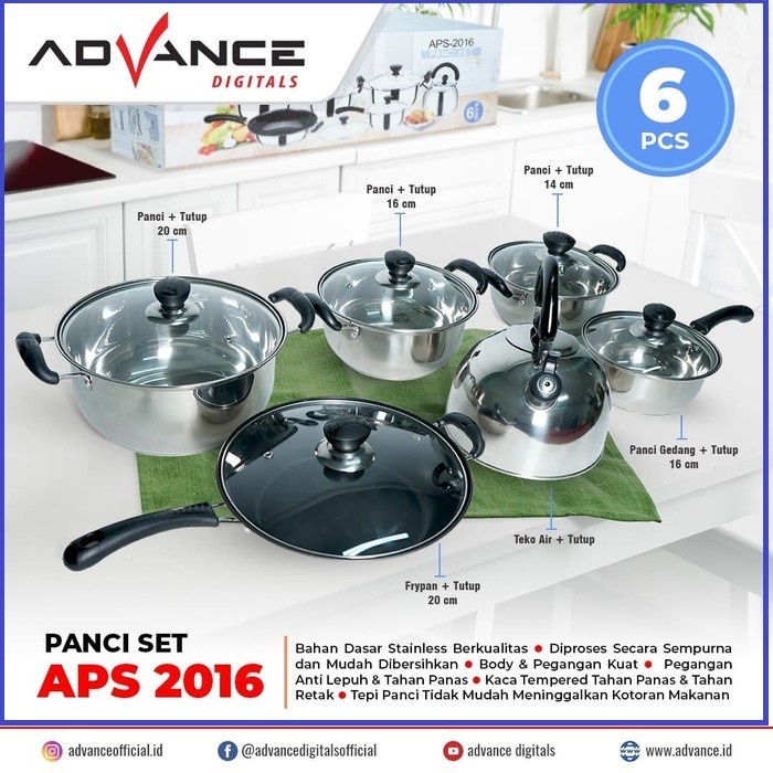 Panci Set Stainles Steel Advance 6 Pcs APS 2016 1SET Dengan Tutup Kaca(1SET ISI 6PCS)22