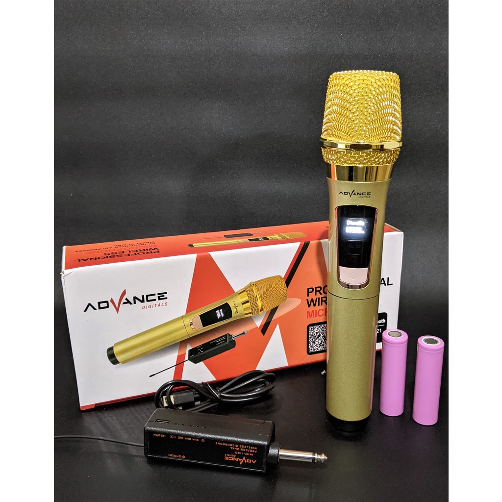 Mic Professional Stage Microphone Wireless Gold Advance 103 Vocal Karaoke Genggam Jernih Rechargable Battery