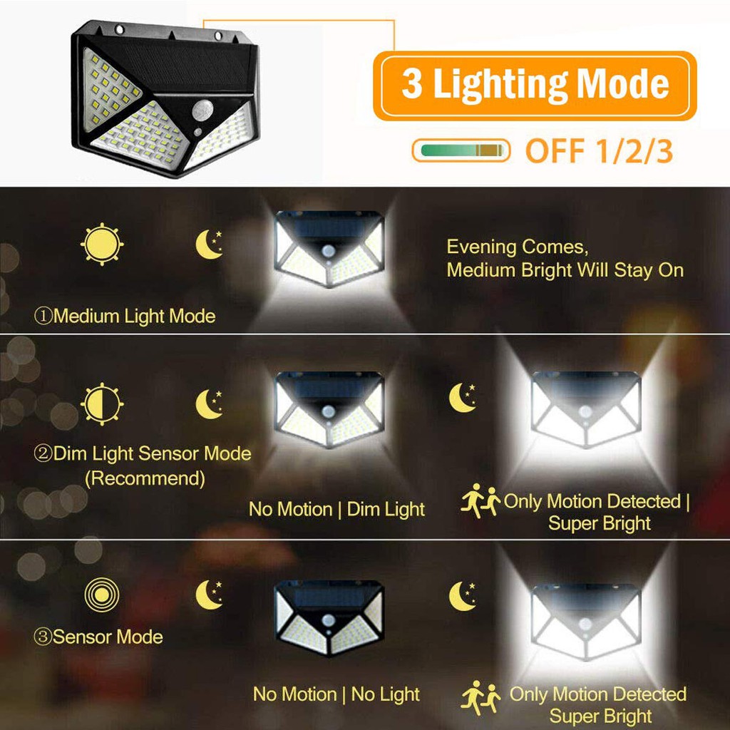 Lampu Solar 100 Led Solar Cell Emergency Outdoor Light Lampu Sensor Gerak Lampu Dinding 3 Mode