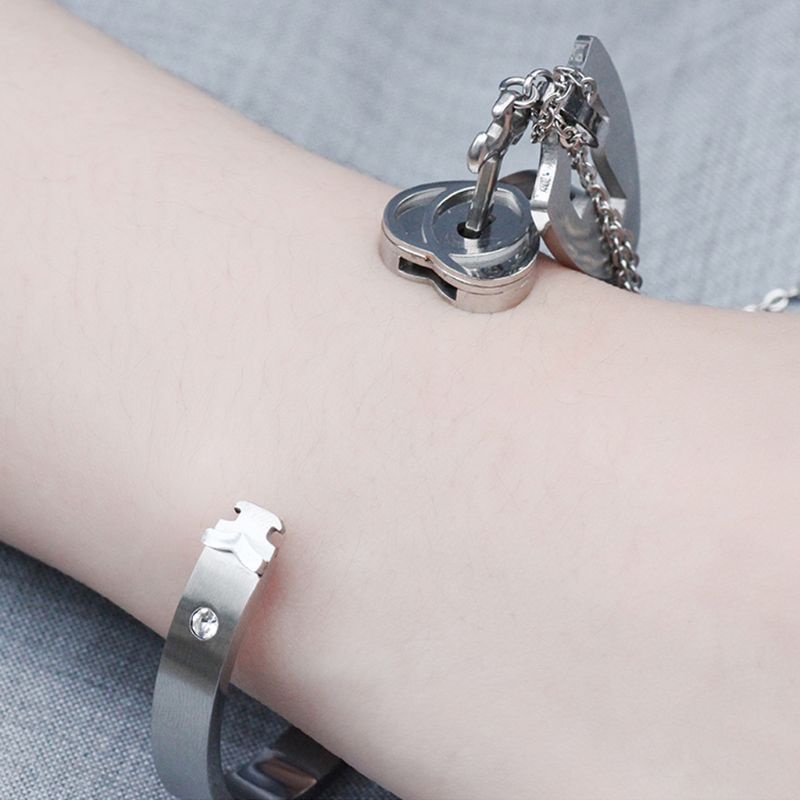 SIY  Titanium Puzzle Couple Heart Lock Key Couple Bracelet Necklace Lover Jewelry Set