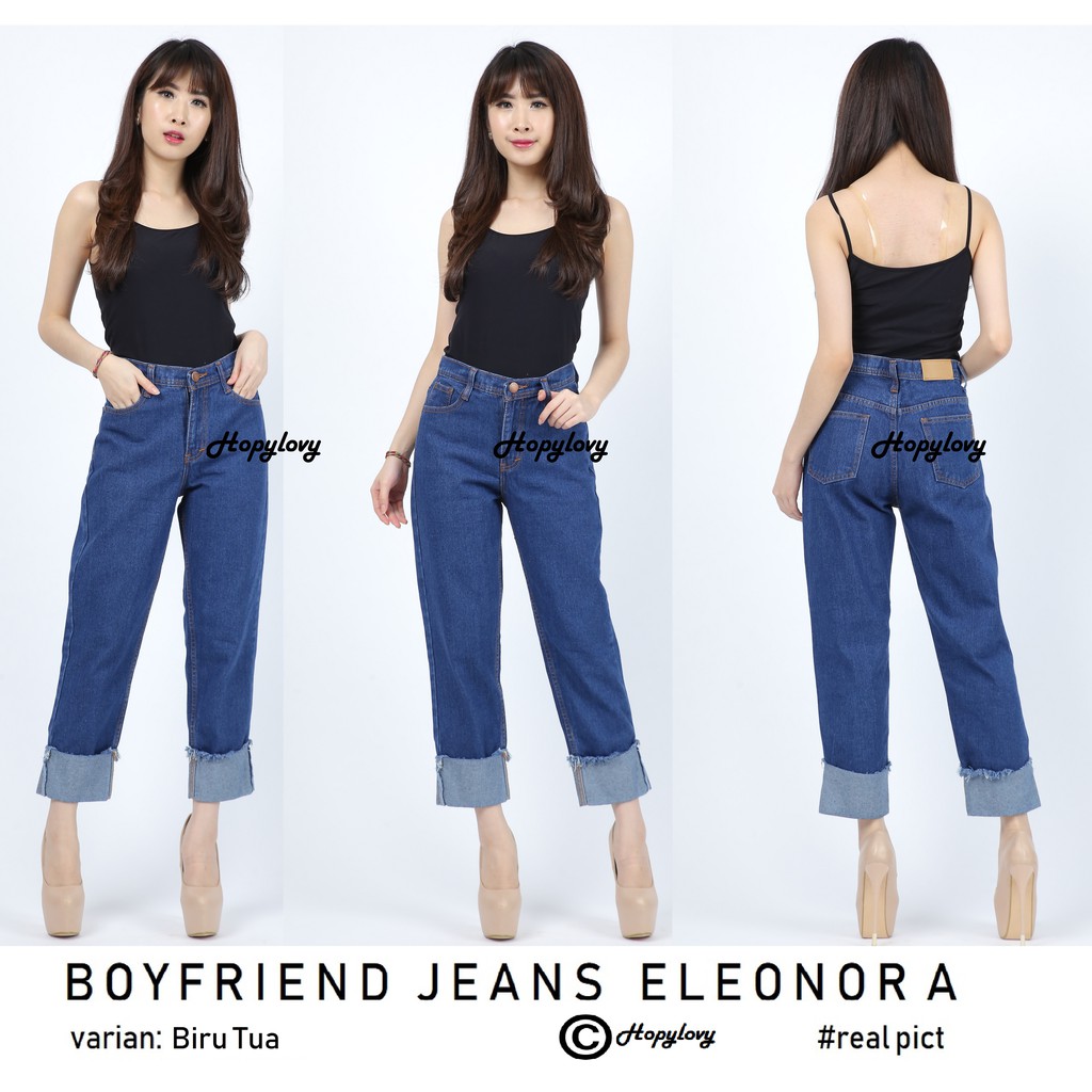 HOPYLOVY - Celana Jeans Wanita Boyfriend Eleonora, Model