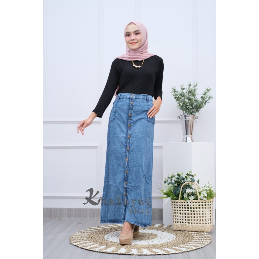 ORIGINAL Rok Jeans Panjang Gisca Kancing Depan Black Snow Blue Nevy bisa COD