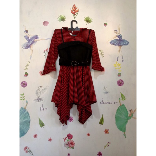 dress korea kotak-kotak merah