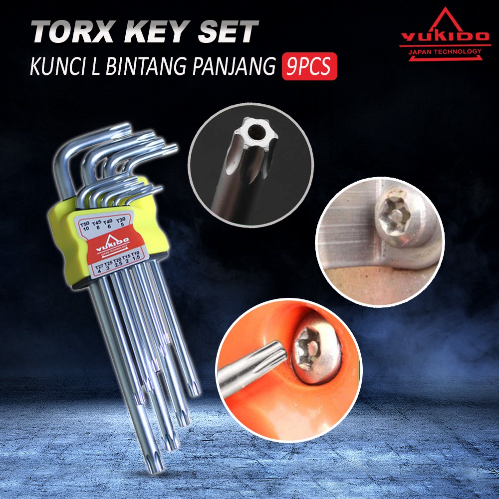 YUKIDO Kunci L panjang dan bintang set panjang kombinas / tamper Torx key set 9pc