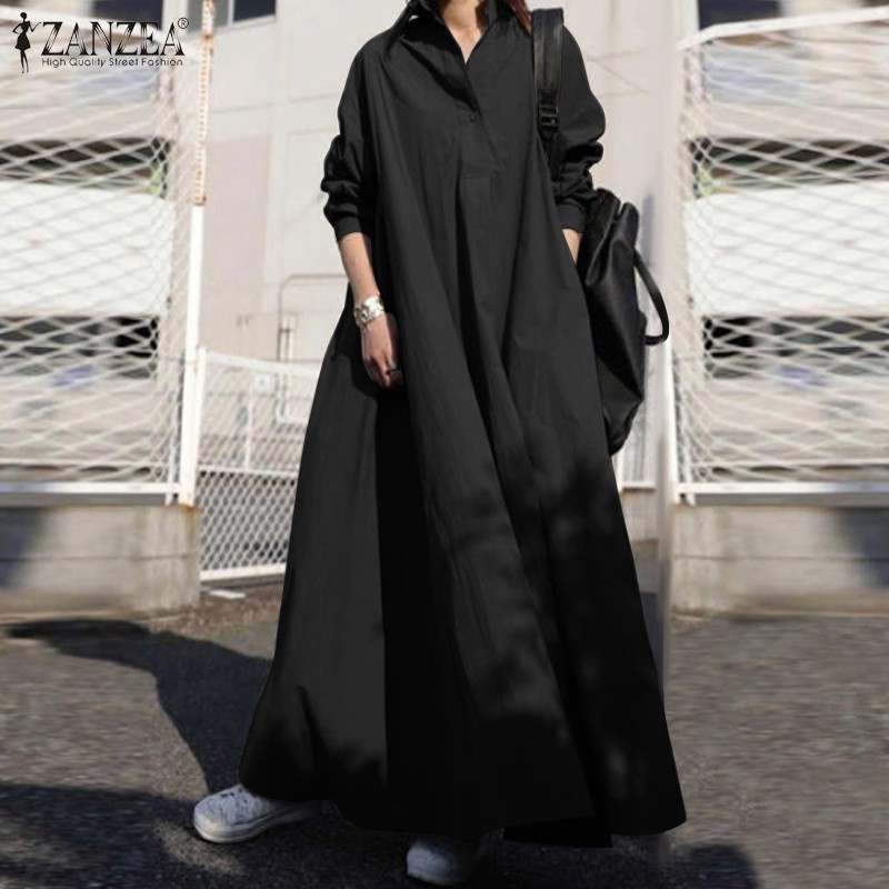 ZANZEA Women Casual Full Sleeve Retro Side Pockets Solid Long Dress