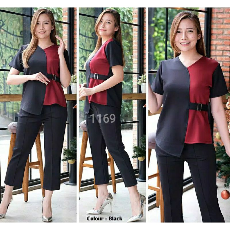 SETELAN YULI XL WANITA SET WANITA FASHION 1169 V NECK KOMBINASI