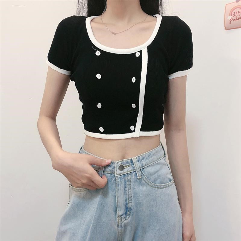 VS - Korean Collar Crop Top Button JENNIE Black Pink Rib