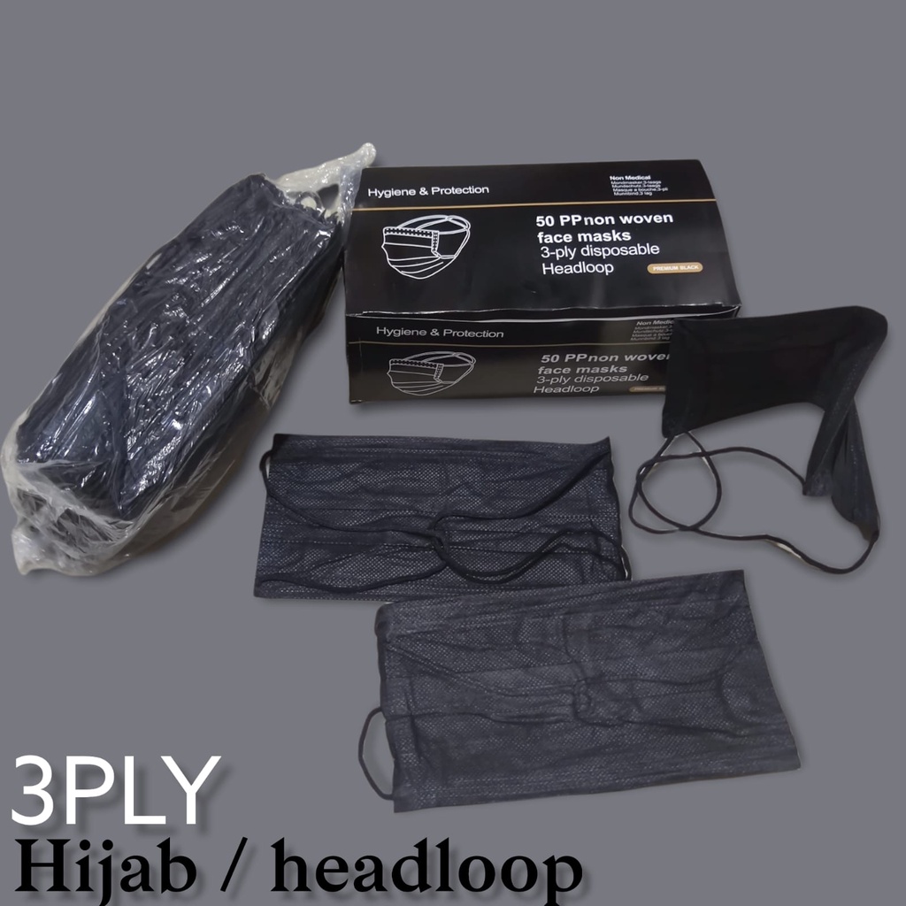 BOX ISI 50 - MASKER 3PLY PP DISPOSABLE NON WOVEN EARLOOP HIJAB LIMITED HITAM BLACK