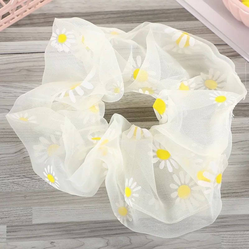 Ikat Rambut Elastis Aksen Bunga Daisy Bahan Mesh Gaya Korea Untuk Wanita/Scrunchie