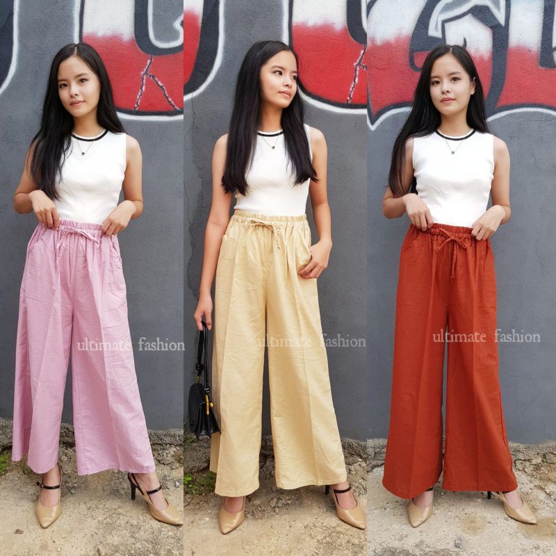 Celana Kulot Linen Highwaist Pinggang Karet Wide Leg Cullote 861